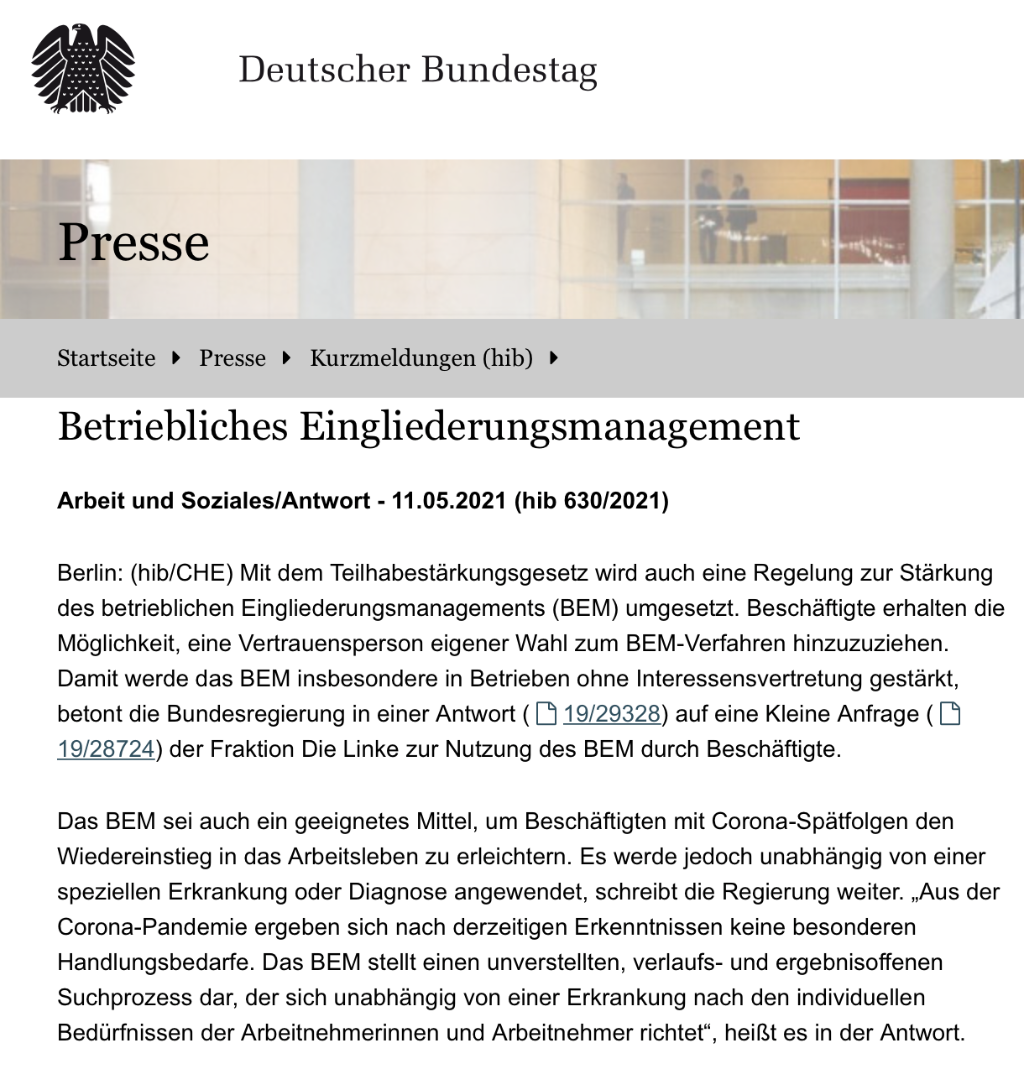 BEM-Neuigkeiten aus dem Bundestag